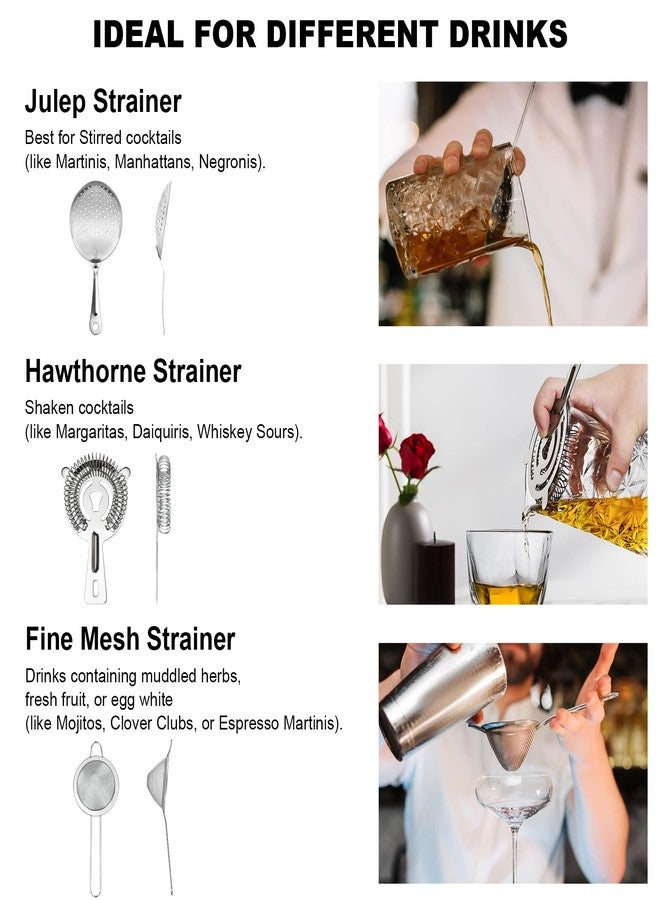 Almagic 3-IN-1 Cocktail Strainer Set, Includes Julep, Hawthorne, Fine Mesh Strainer, Food Grade 304 Stainless Steel, Complete Set Covering All Cocktail Straining Techniques, Essential Home Bar Tools - Image 2